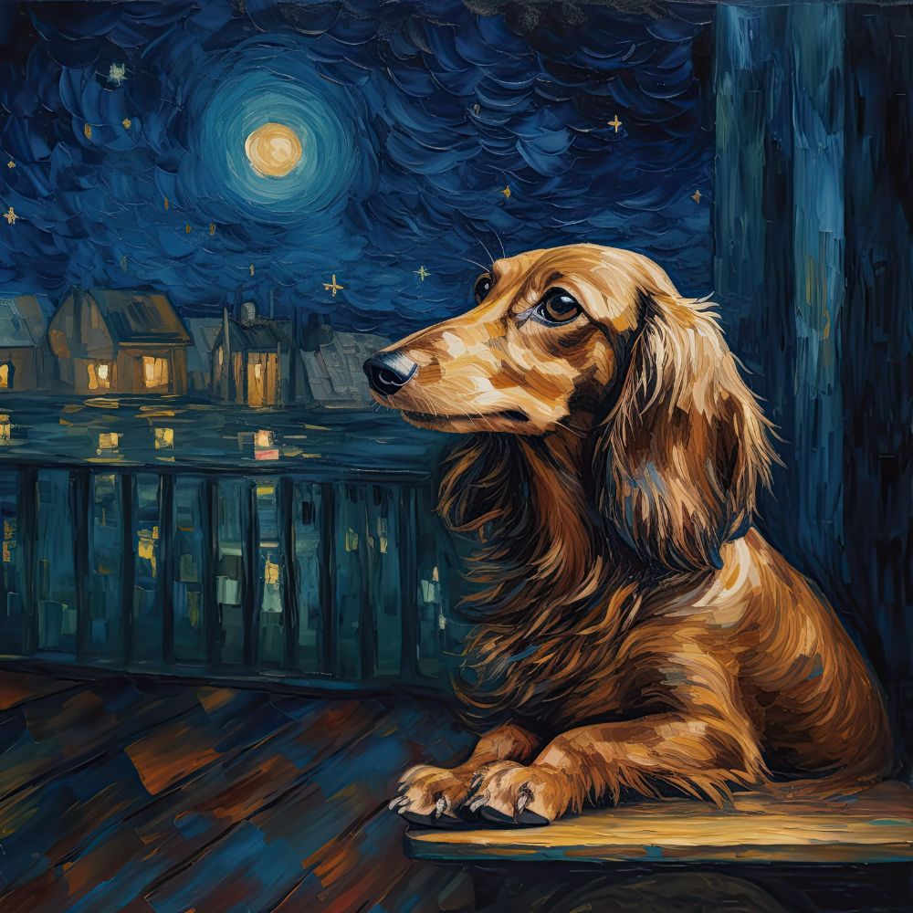 Dachshund Long-haired on Porch Starry Night Premium Canvas Wall Art