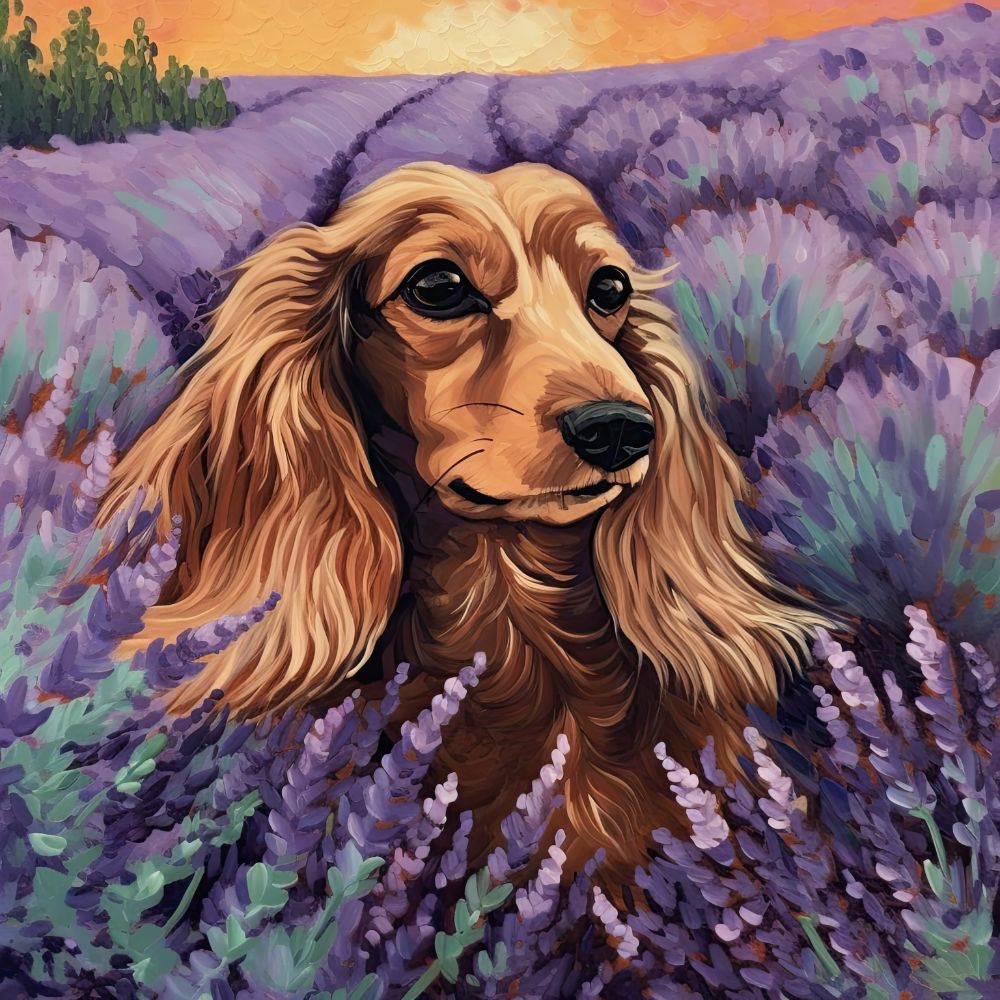 Dachshund Long-hair in Lavender Field Premium Canvas Wall Art