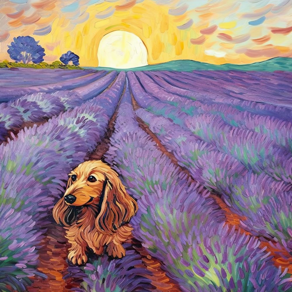 Dachshund Long-hair in Sunny Lavender Field Premium Canvas Wall Art