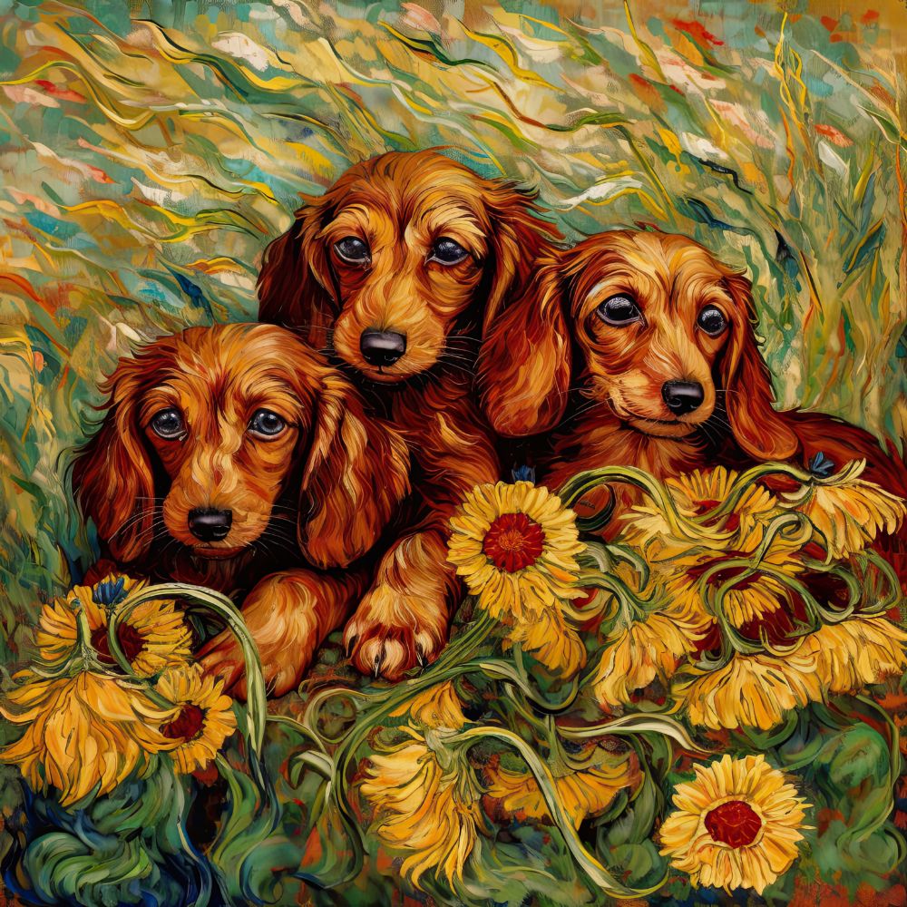 Dachshund Puppies in a Sunflower Field Premium Canvas Wall Art