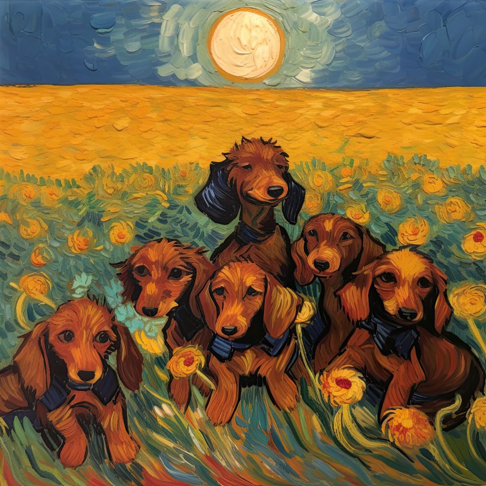 Dachshund Puppies in a Wild Flower Field Premium Canvas Wall Art