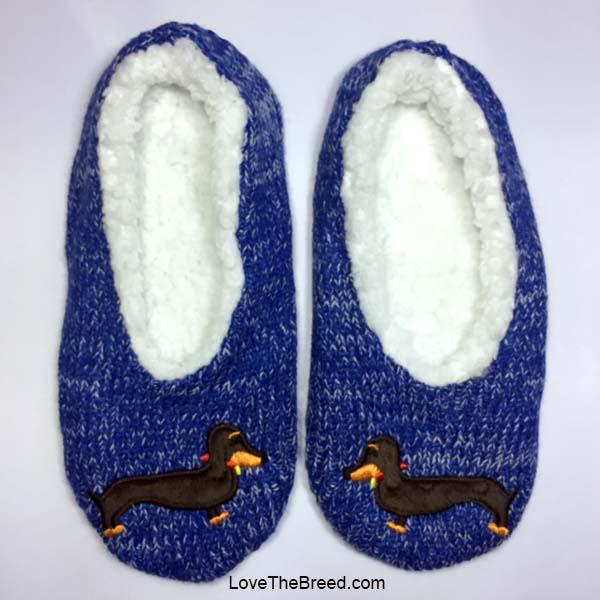 LoveTheBreed.com Apparel Black+Tan Small Sizes 5-6 Dachshund Blue KNIT Slippers Love The Breed