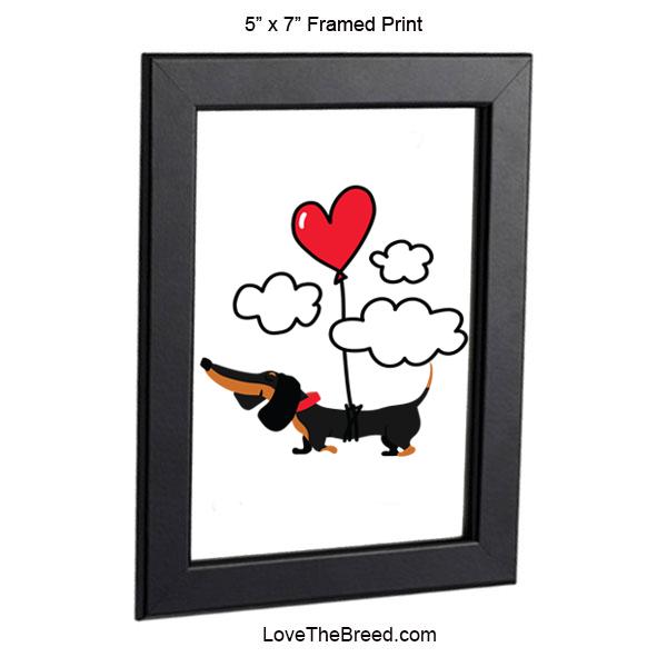 Dachshund Up Up and Away Heart Balloon Black and Tan Framed Print 5 x 7
