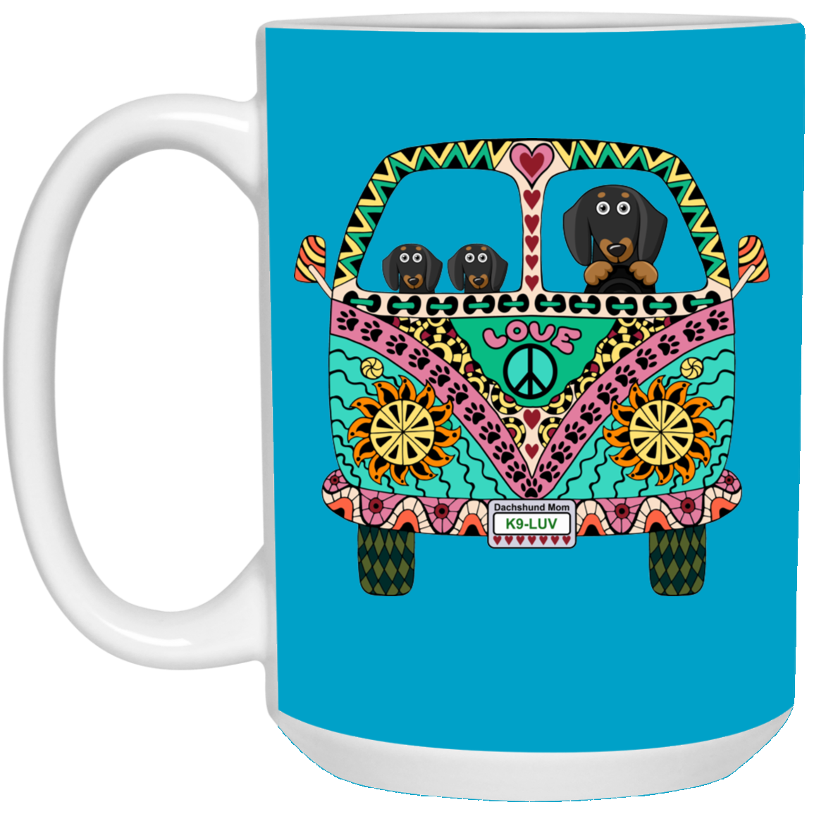CustomCat Coffee Mug LARGE Mug 15 oz. / Turquoise Dachshunds Love Bus Black + Tan Dog Mugs