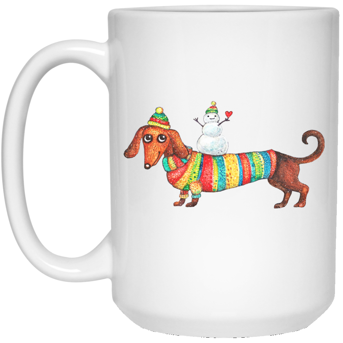 CustomCat Coffee Mug 15 oz. White Mug / White / One Size Dachshund with Snowman Mugs