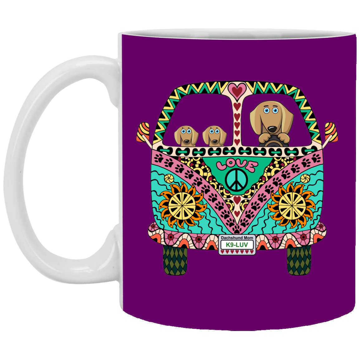CustomCat Coffee Mug SMALL Mug 11 oz. / Purple Dachshunds Love Bus Brown Dog Mugs