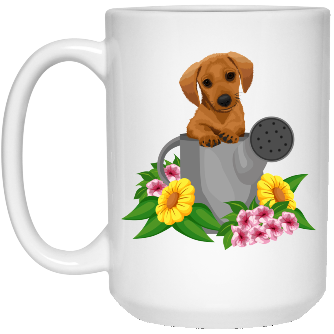 CustomCat Coffee Mug 15 oz. White Mug / White Dachshund Puppy in Watering Can Mugs