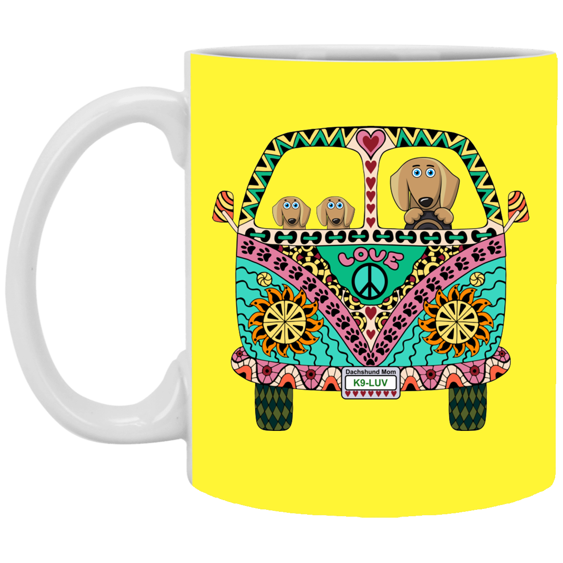CustomCat Coffee Mug SMALL Mug 11 oz. / Yellow Dachshunds Love Bus Brown Dog Mugs