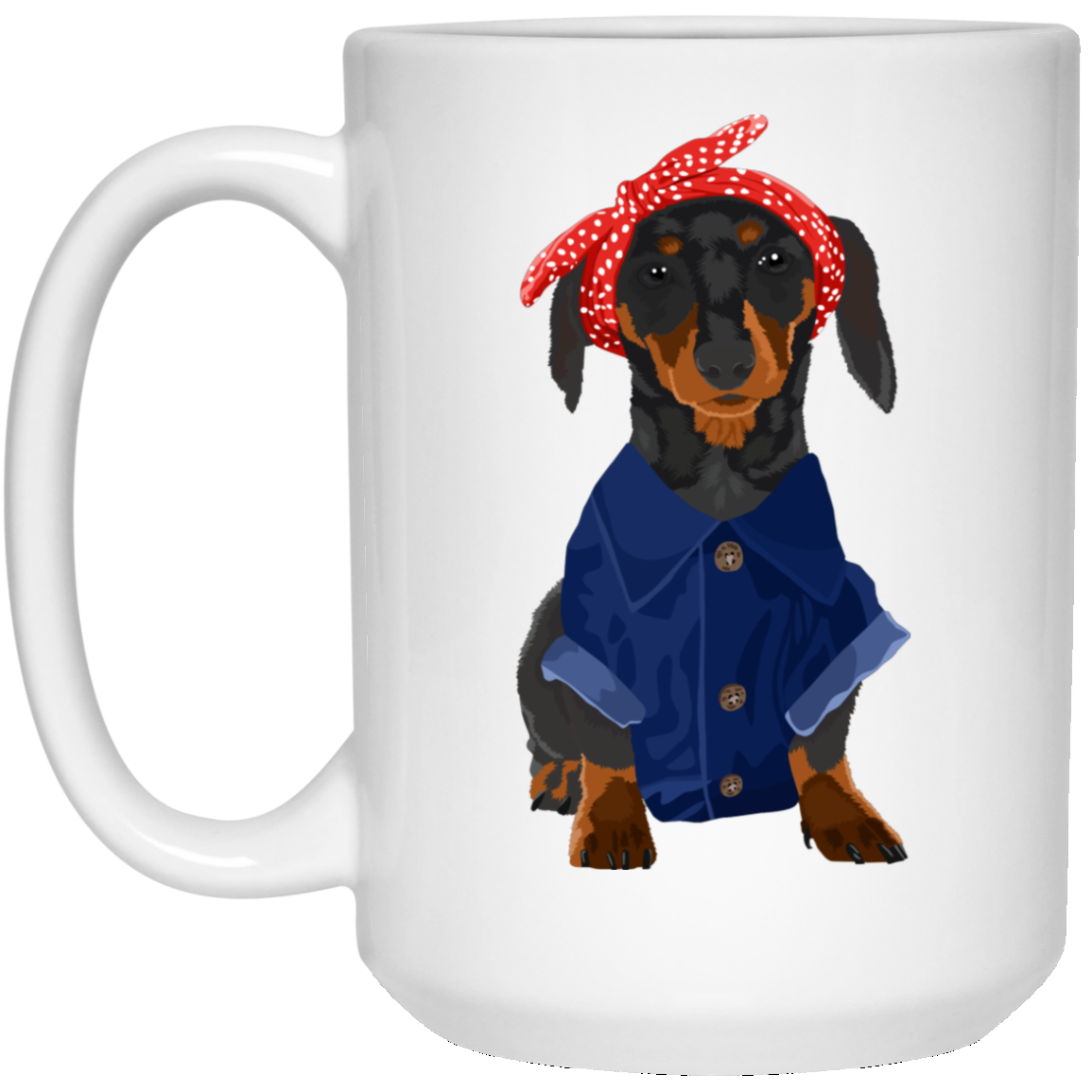 CustomCat Coffee Mug 15 oz. White Mug Dachshund Black and Tan Dog Rosie the Riveter Mugs