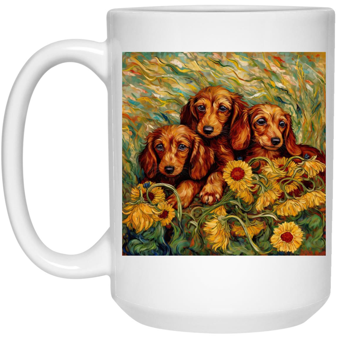 CustomCat Apparel 11 oz. White Mug Dachshund Puppies in a Sunflower Field Mugs