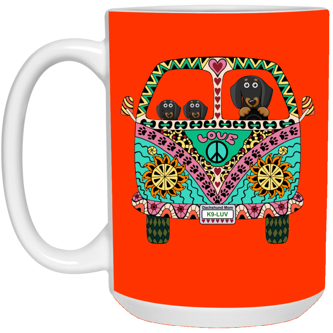 CustomCat Coffee Mug LARGE Mug 15 oz. / Orange Dachshunds Love Bus Black + Tan Dog Mugs