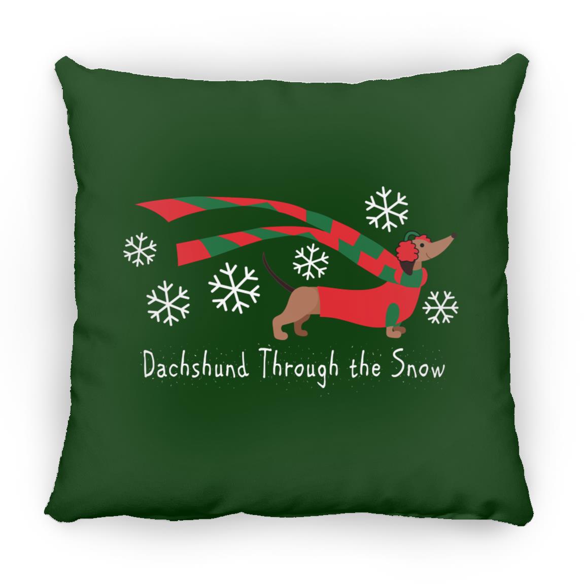 CustomCat Apparel Large Square Pillow / Green Dachshund Through The Snow Pillows