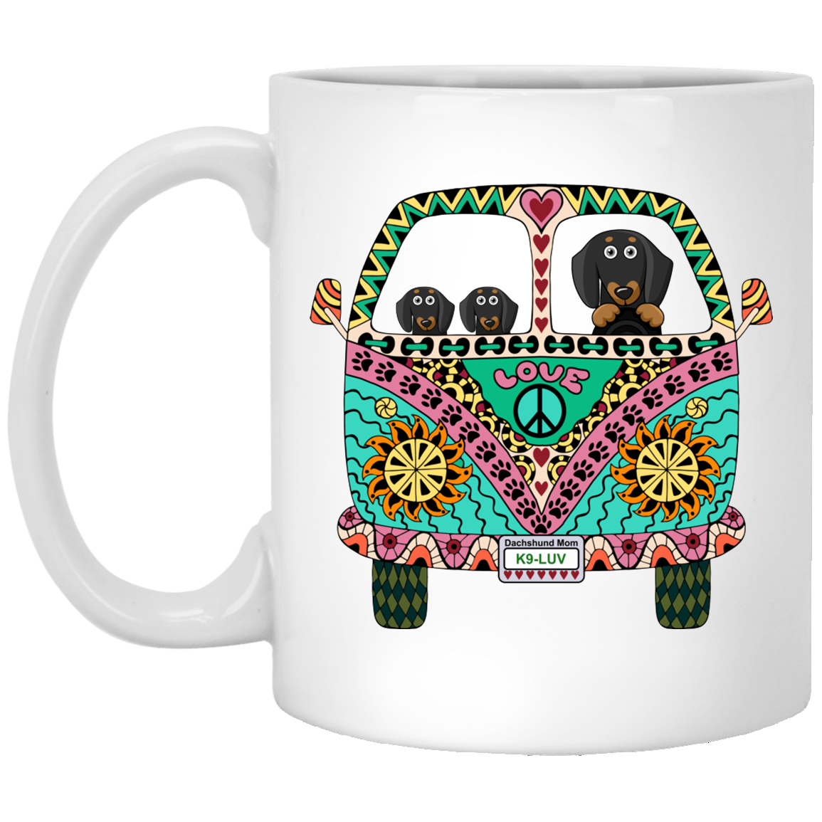CustomCat Coffee Mug Dachshunds Love Bus Black + Tan Dog Mugs