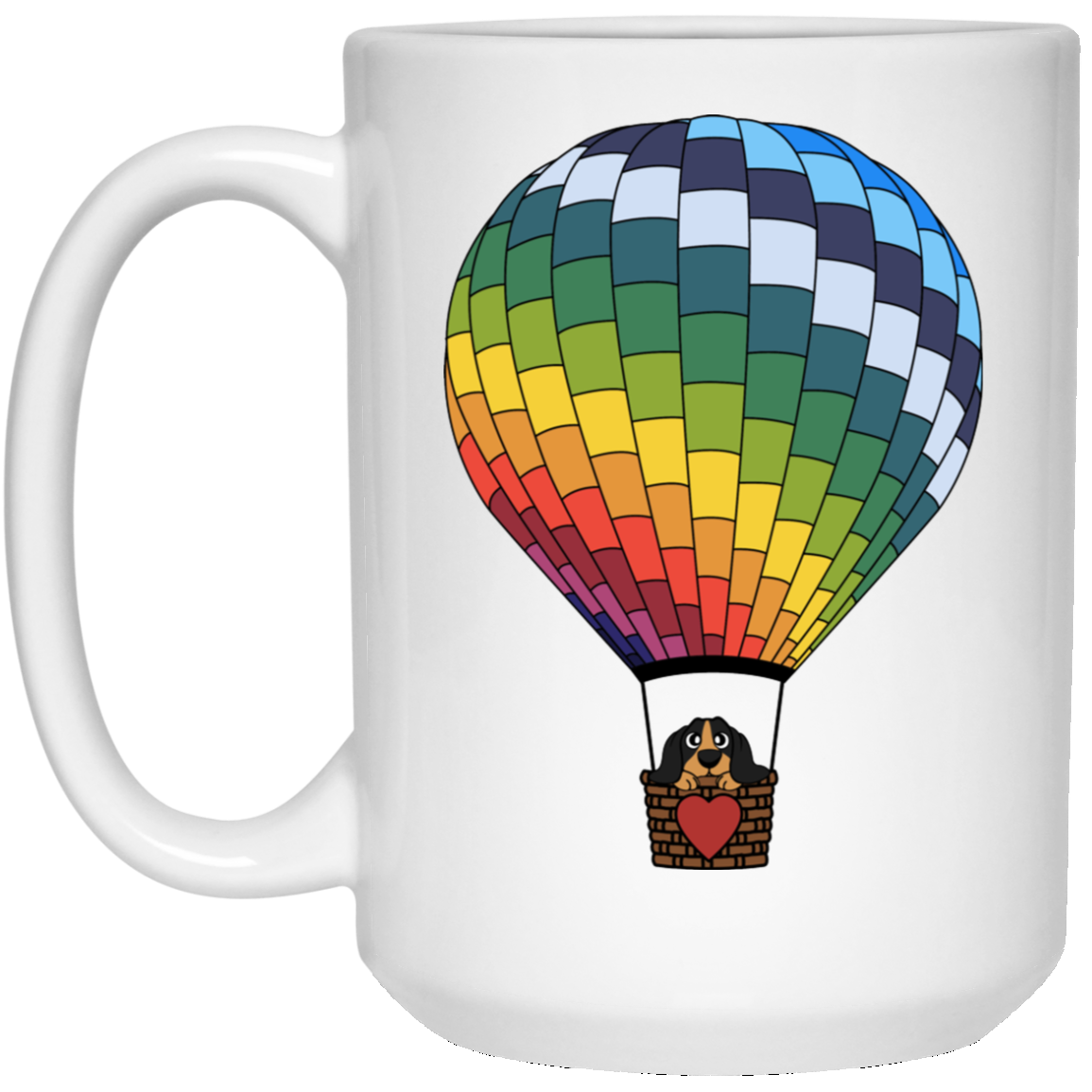 CustomCat Coffee Mug 15 oz. White Mug / White / One Size Dachshund in Hot Air Balloon Black and Tan Mugs