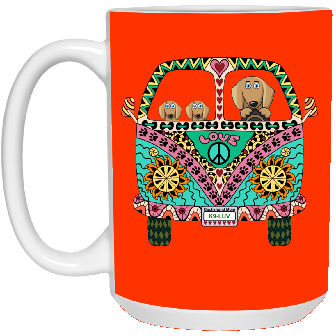 CustomCat Coffee Mug LARGE Mug 15 oz. / Orange Dachshunds Love Bus Brown Dog Mugs