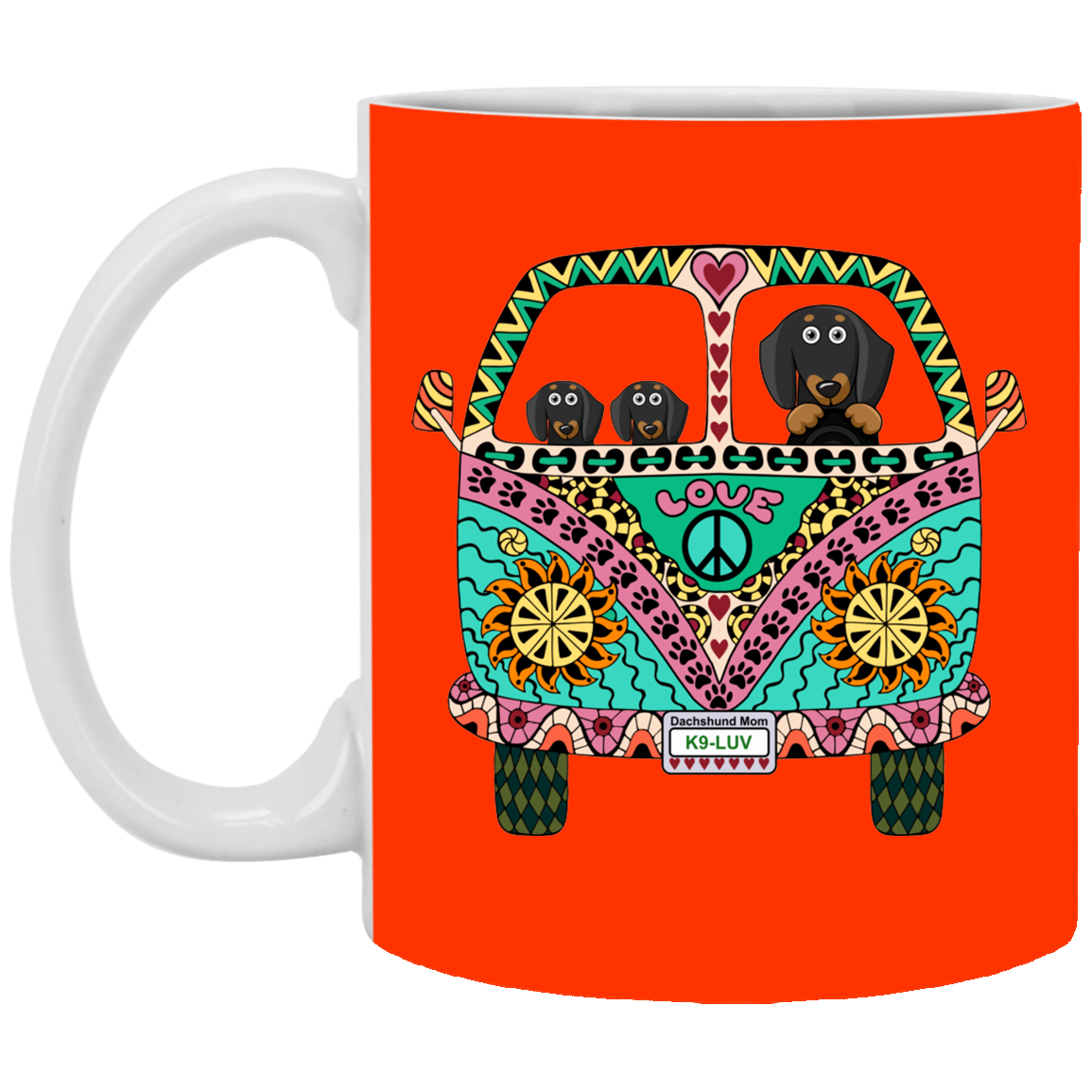CustomCat Coffee Mug SMALL Mug 11 oz. / Orange Dachshunds Love Bus Black + Tan Dog Mugs