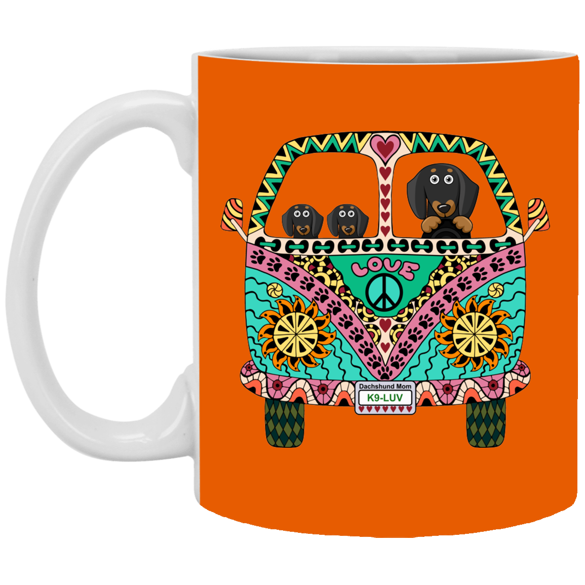 CustomCat Coffee Mug SMALL Mug 11 oz. / Burnt Orange Dachshunds Love Bus Black + Tan Dog Mugs
