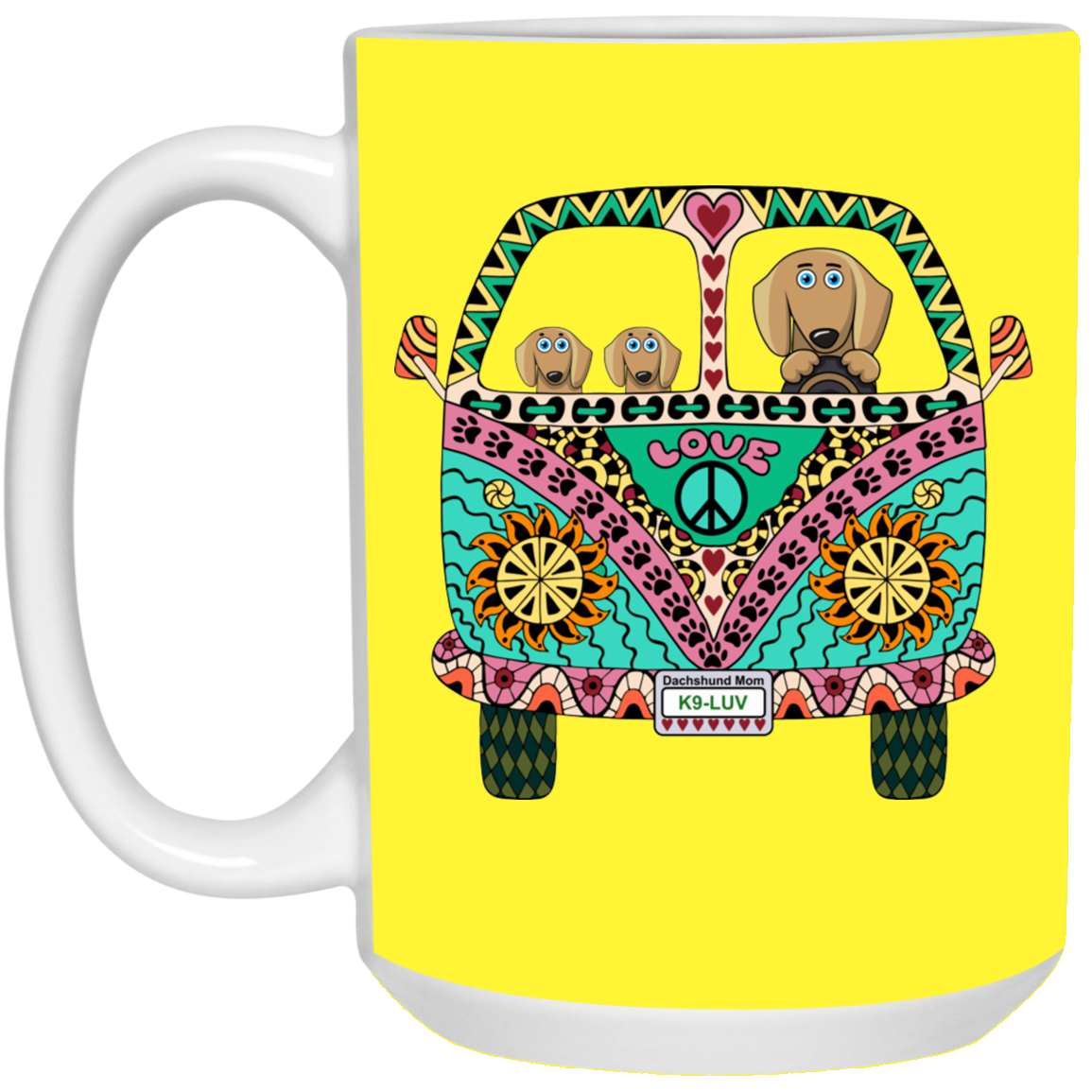 CustomCat Coffee Mug LARGE Mug 15 oz. / Yellow Dachshunds Love Bus Brown Dog Mugs