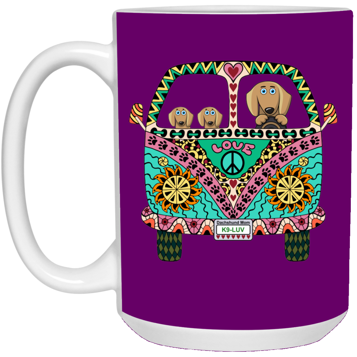 CustomCat Coffee Mug LARGE Mug 15 oz. / Purple Dachshunds Love Bus Brown Dog Mugs
