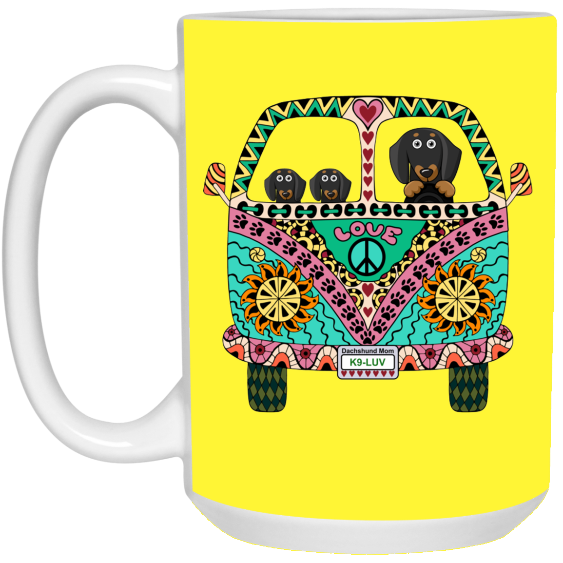 CustomCat Coffee Mug LARGE Mug 15 oz. / Yellow Dachshunds Love Bus Black + Tan Dog Mugs