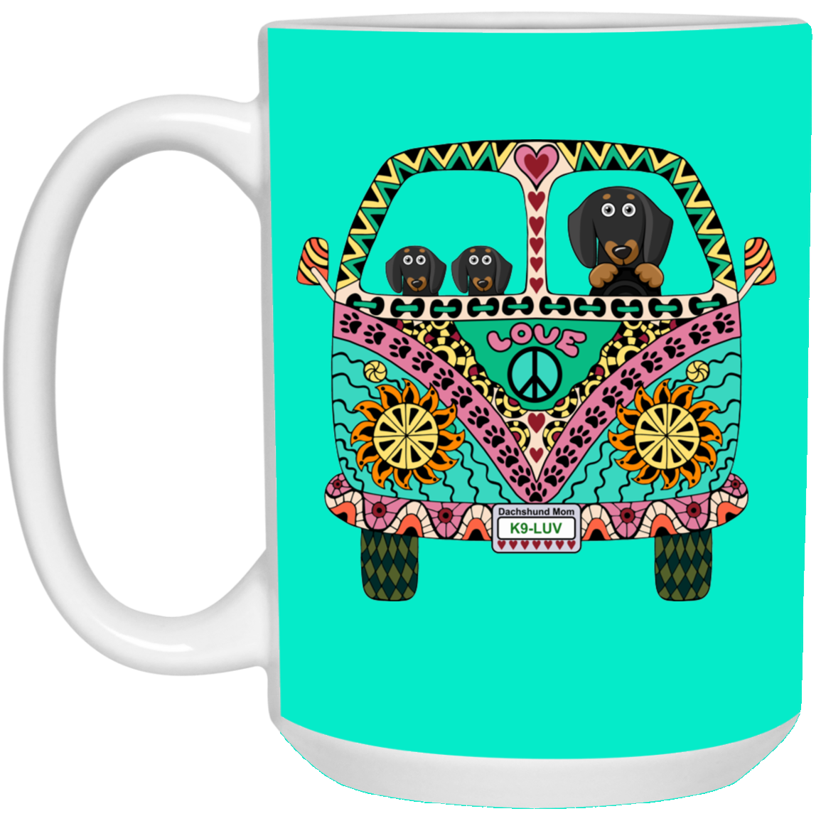 CustomCat Coffee Mug LARGE Mug 15 oz. / Teal Dachshunds Love Bus Black + Tan Dog Mugs