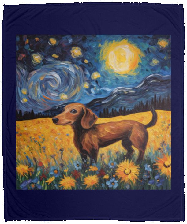 CustomCat Apparel VPM Cozy Plush Fleece Blanket - 50x60 / Navy Dachshund Starry Night Flower Field Delight Blankets