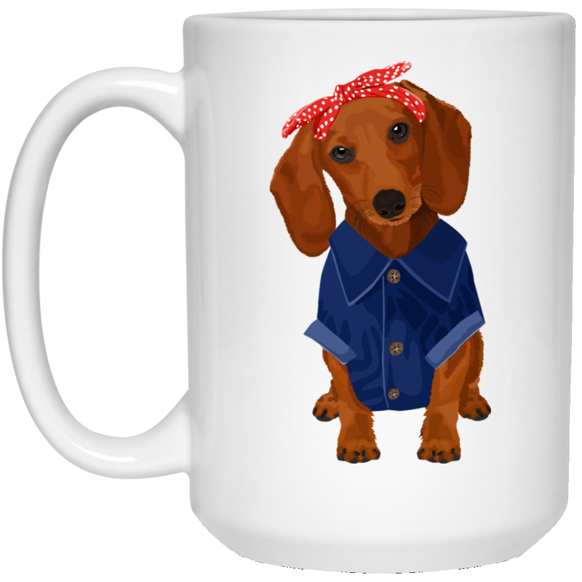 CustomCat Coffee Mug 15 oz. White Mug Dachshund Brown Dog Rosie the Riveter Mugs