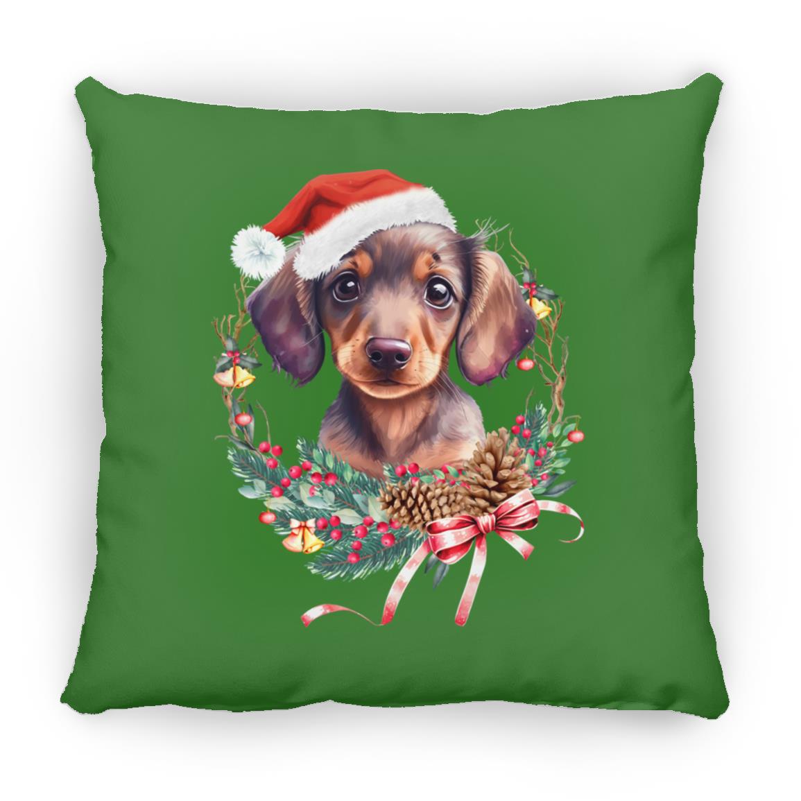 CustomCat Apparel Large Square Pillow / Kelly Green / One Size Dachshund Puppy Wreath Pillows