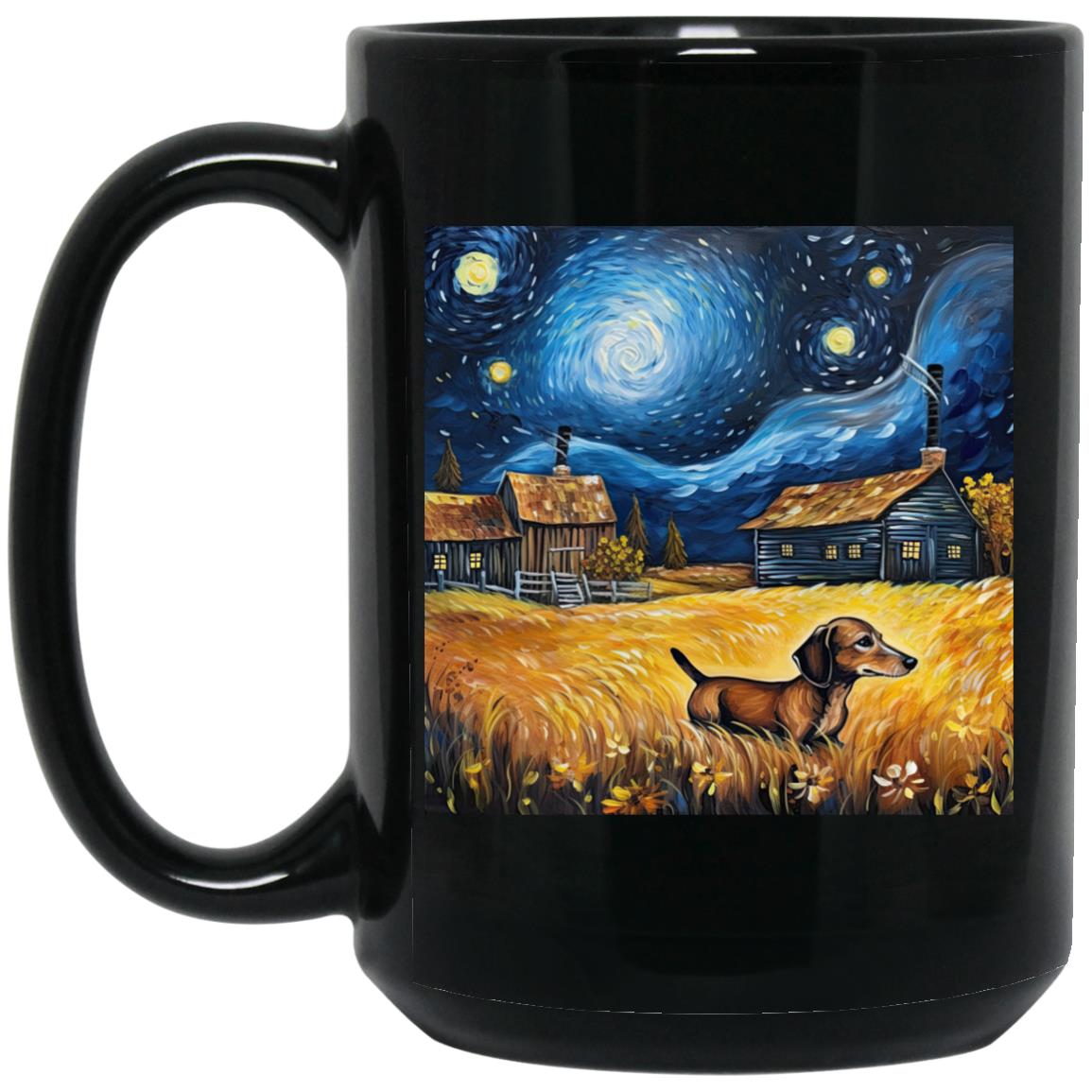 CustomCat Apparel 15 oz. Black Mug Dachshund Starry Night Adventure Mugs