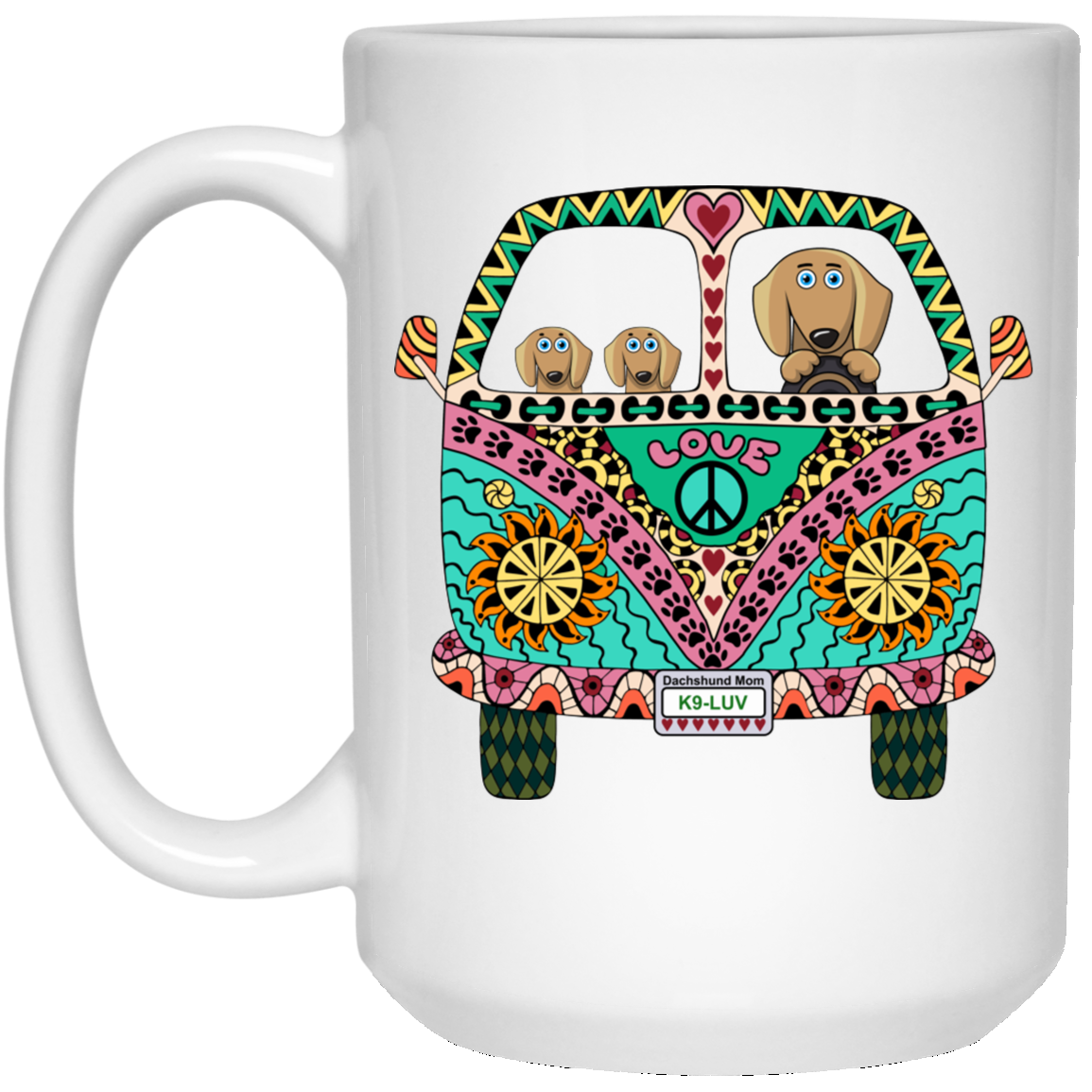 CustomCat Coffee Mug LARGE Mug 15 oz. / White Dachshunds Love Bus Brown Dog Mugs