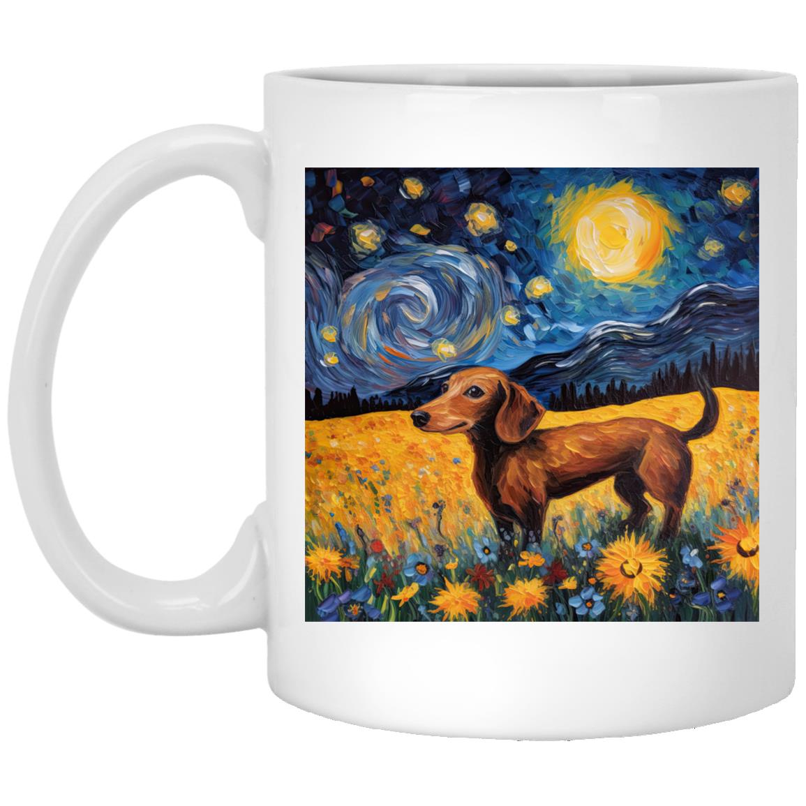 Dachshund Starry Night Flower Field Delight Mugs
