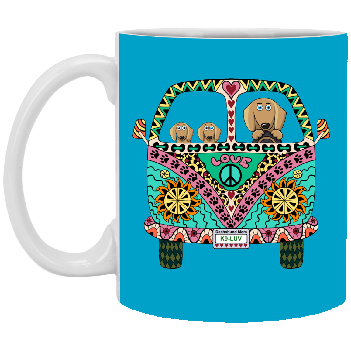 CustomCat Coffee Mug SMALL Mug 11 oz. / Turquoise Dachshunds Love Bus Brown Dog Mugs
