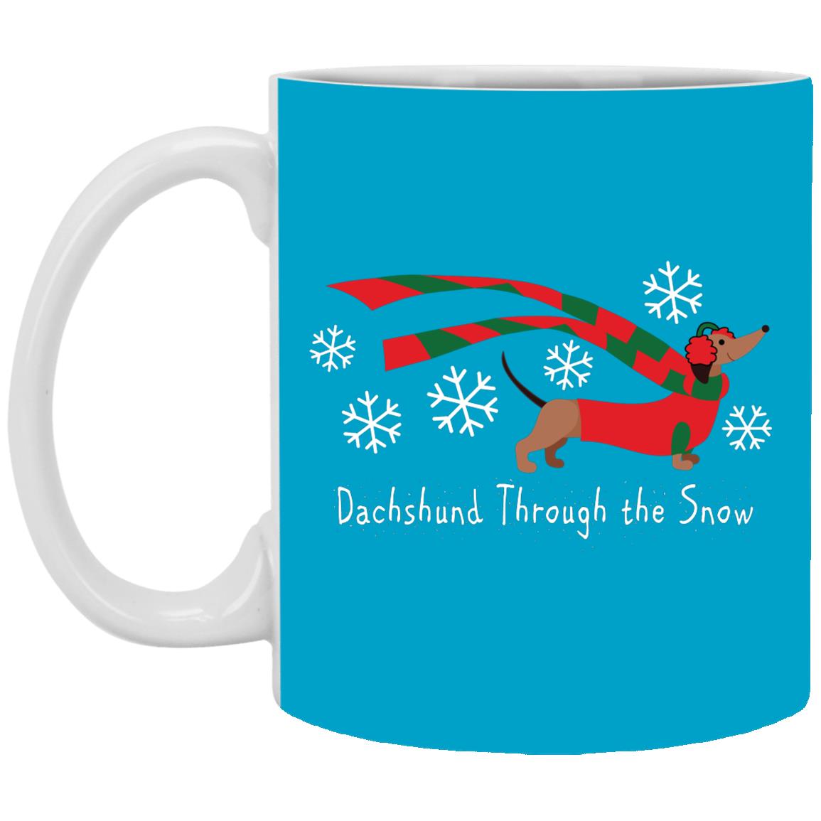 CustomCat Apparel 11 oz. White Mug / Turquoise Dachshund Through The Snow Mugs