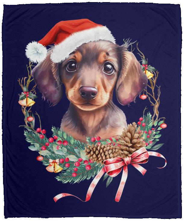 CustomCat Apparel VPM Cozy Plush Fleece Blanket - 50x60 / Navy / One Size Dachshund Puppy Wreath Blankets