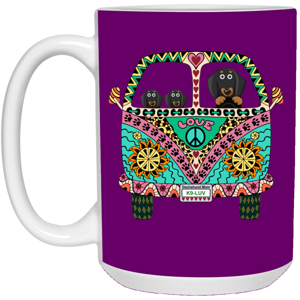 CustomCat Coffee Mug LARGE Mug 15 oz. / Purple Dachshunds Love Bus Black + Tan Dog Mugs