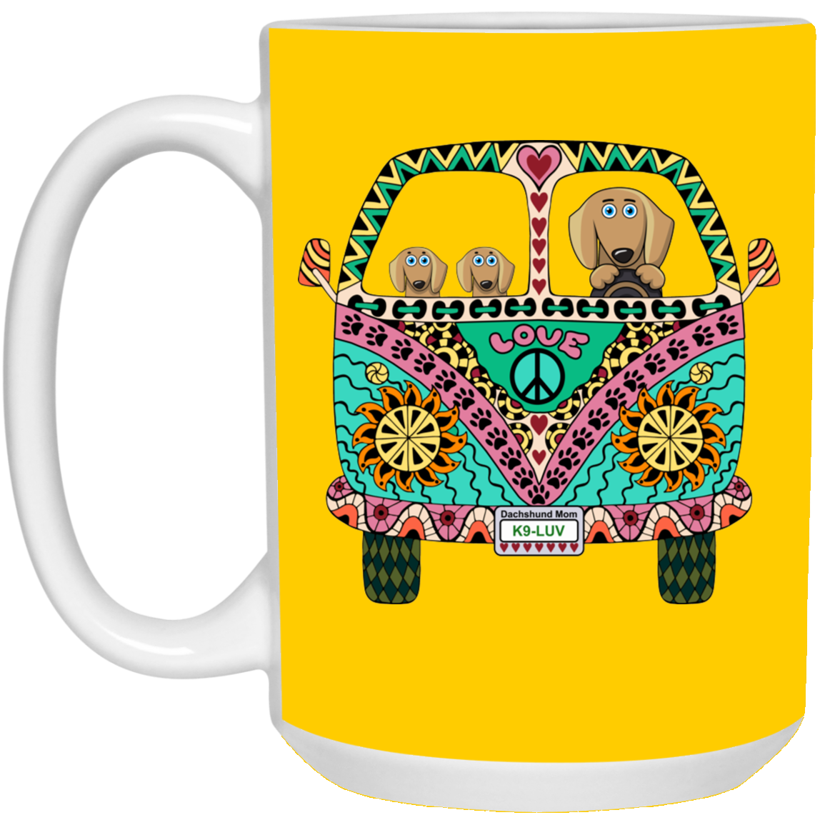 CustomCat Coffee Mug LARGE Mug 15 oz. / Athletic Gold Dachshunds Love Bus Brown Dog Mugs