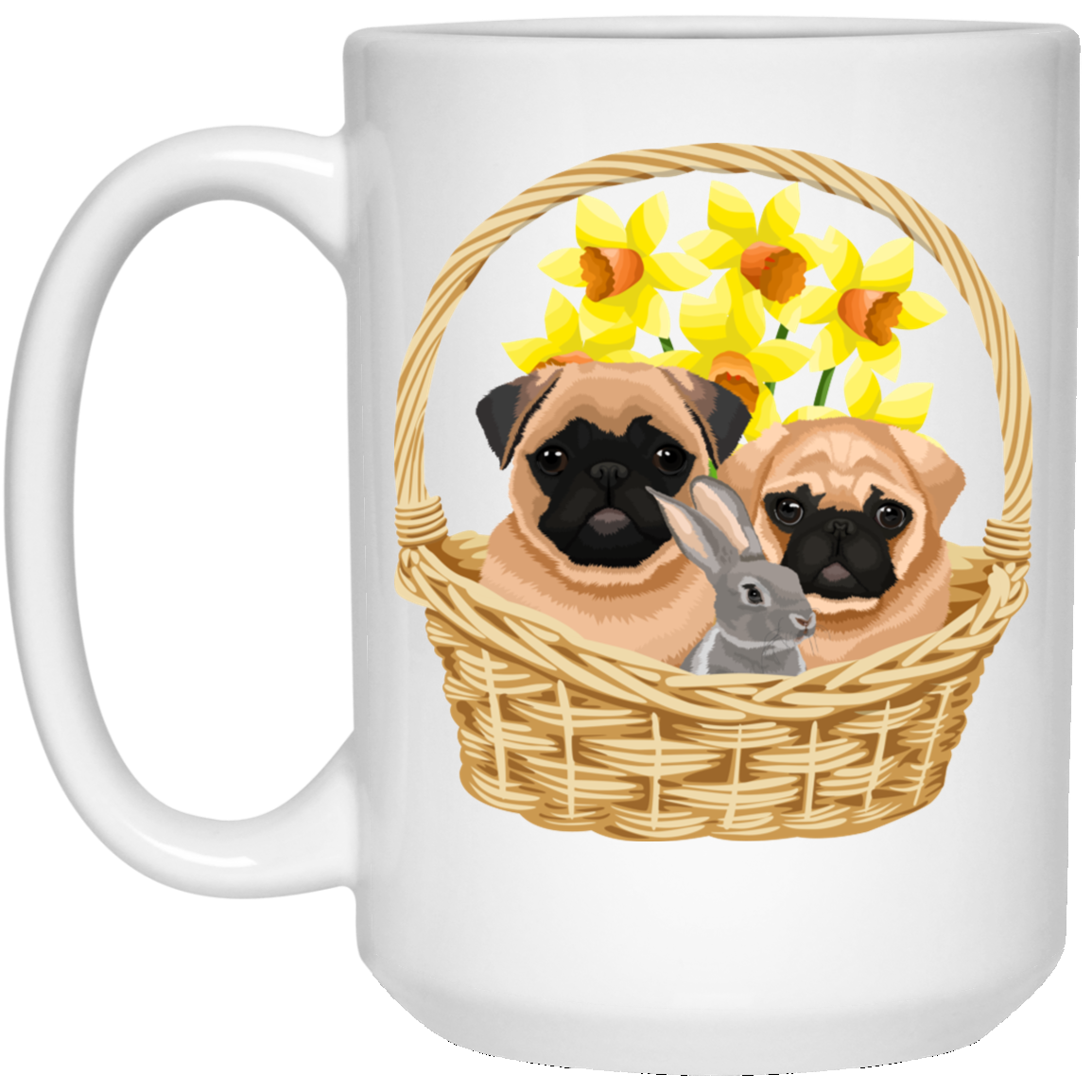 CustomCat Coffee Mug 15 oz. White Mug Pugs and Bunny Basket Mugs