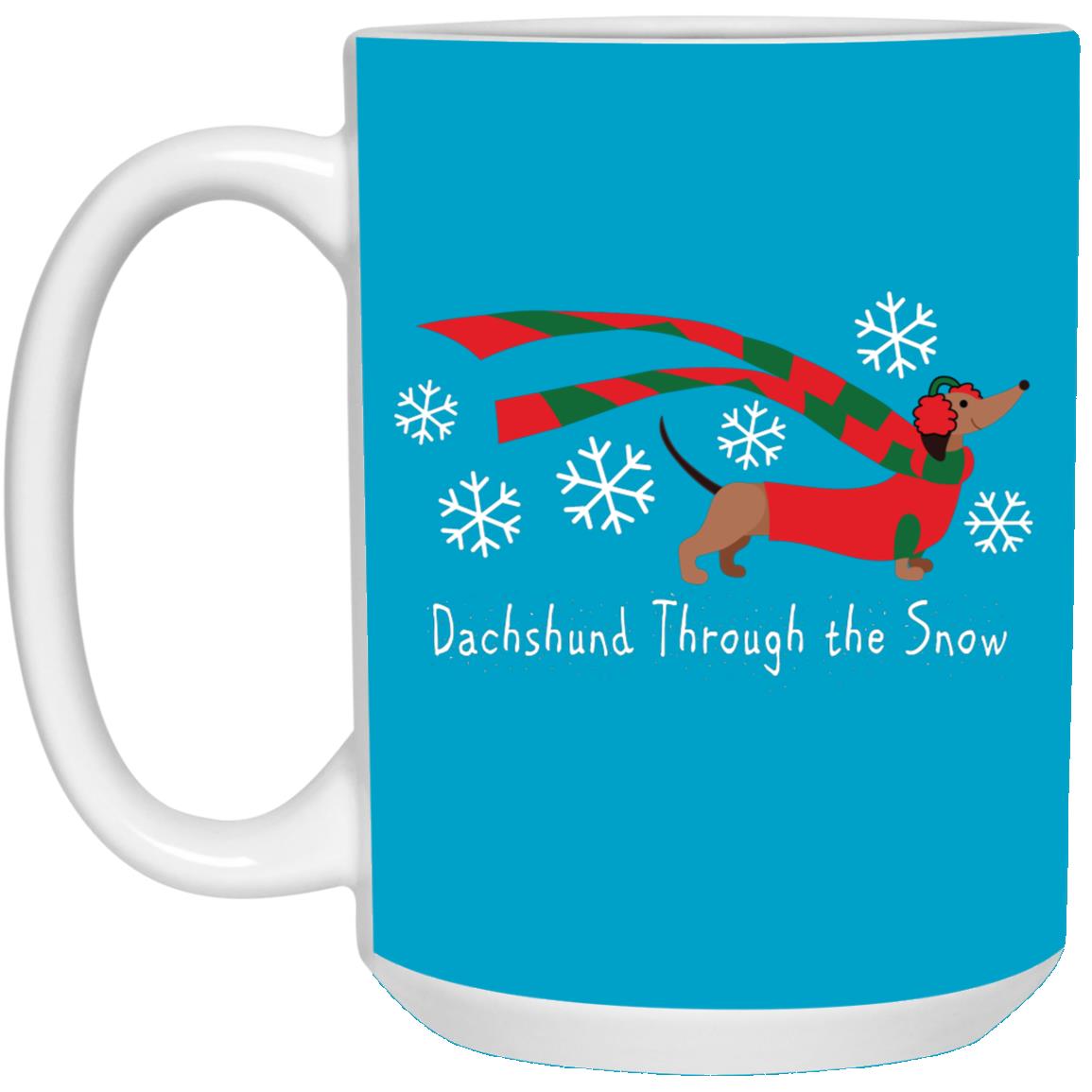 CustomCat Apparel 15 oz. White Mug / Turquoise Dachshund Through The Snow Mugs