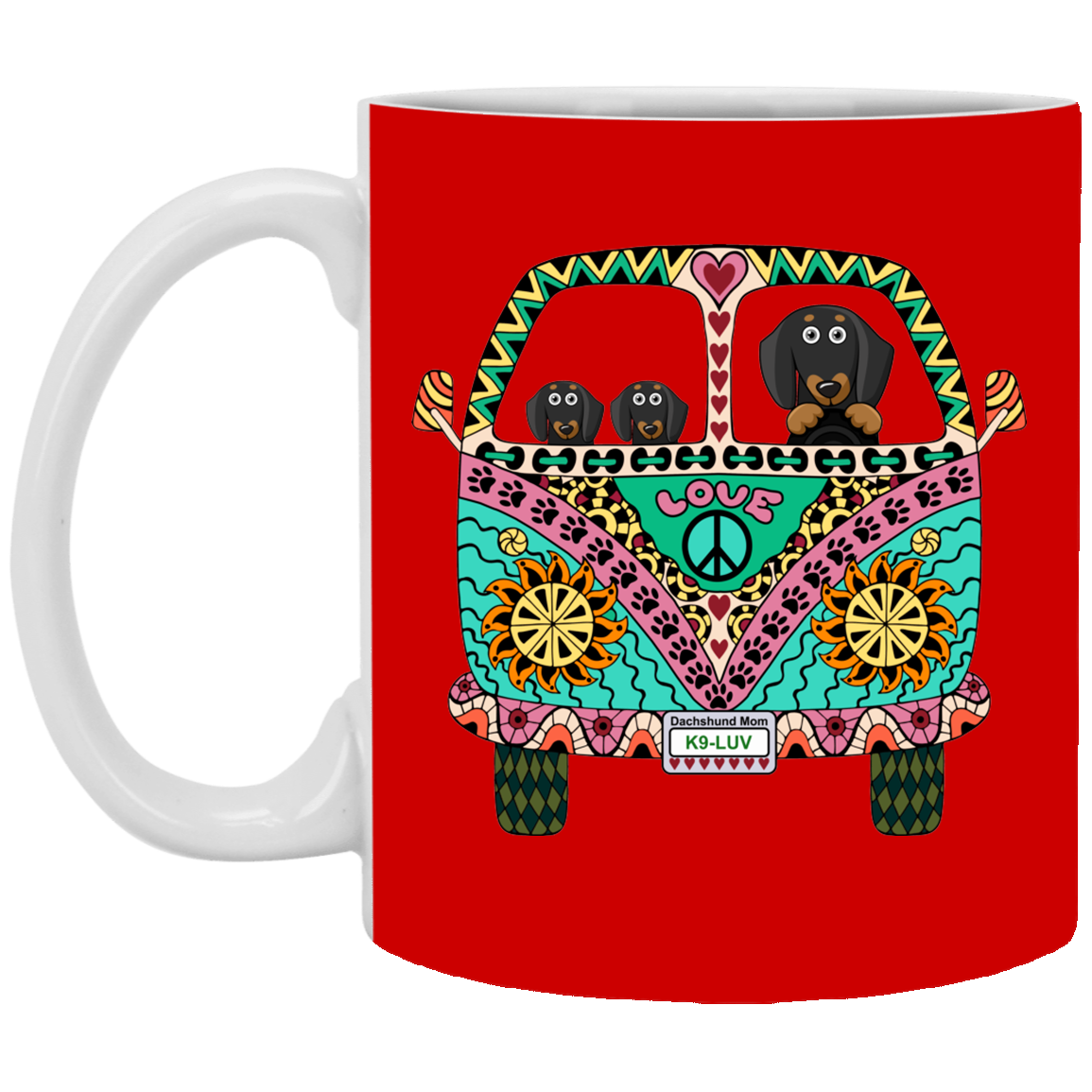 CustomCat Coffee Mug SMALL Mug 11 oz. / Red Dachshunds Love Bus Black + Tan Dog Mugs