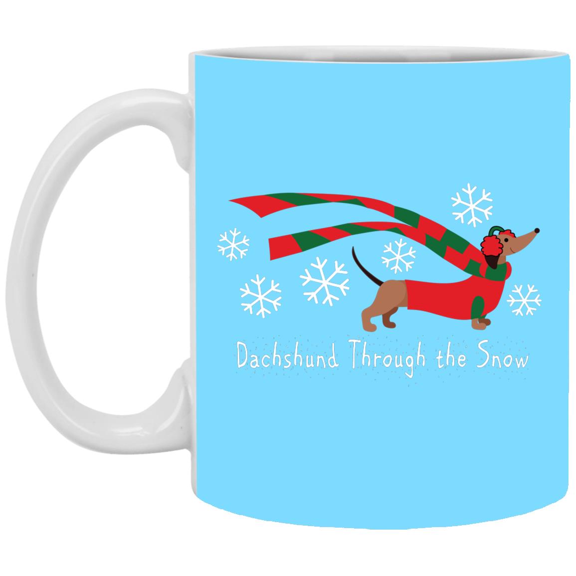 CustomCat Apparel 11 oz. White Mug / Columbia Blue Dachshund Through The Snow Mugs