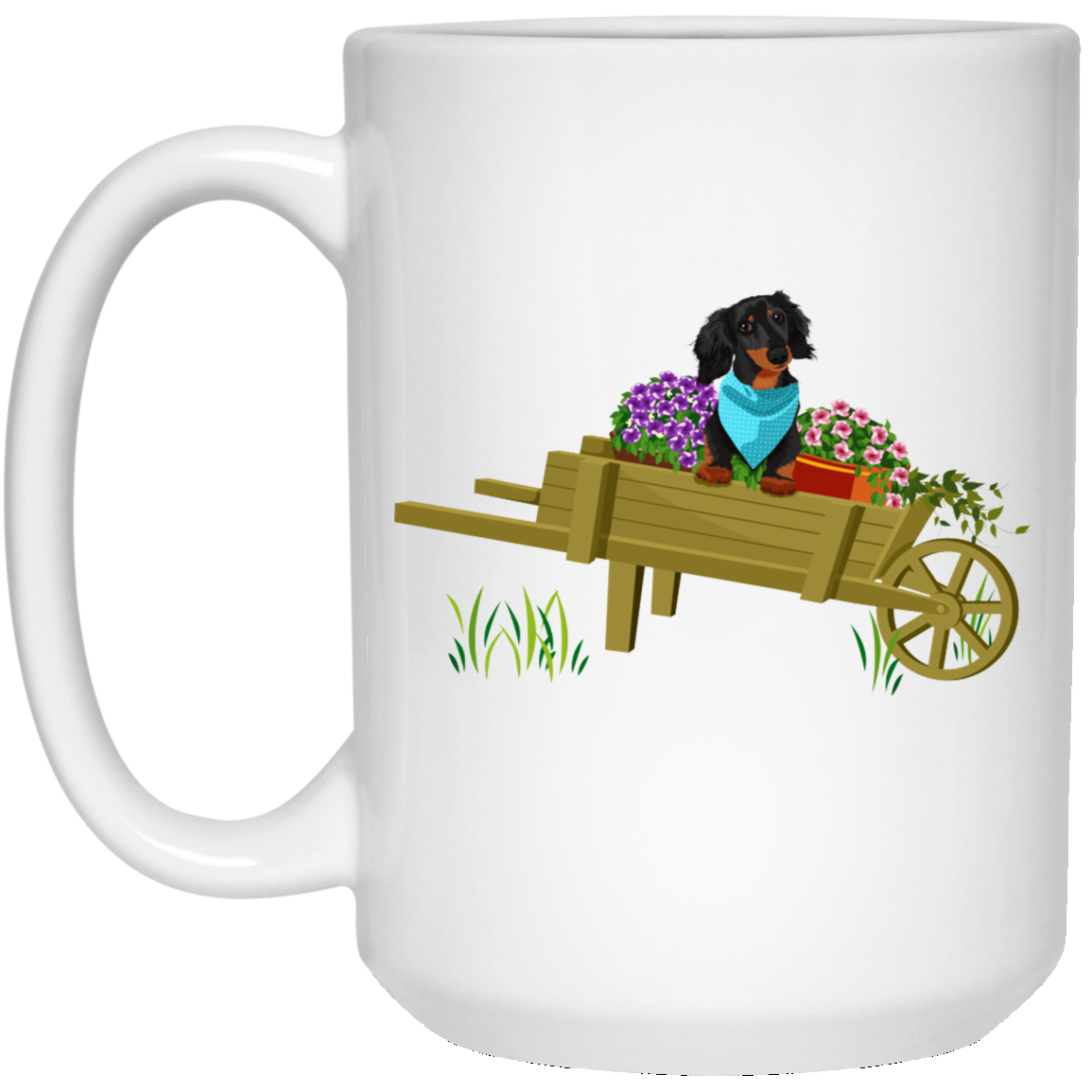 CustomCat Coffee Mug 15 oz. White Mug Dachshund Black + Tan in Wheelbarrow Mugs