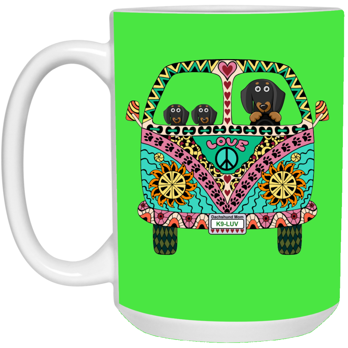 CustomCat Coffee Mug LARGE Mug 15 oz. / Kelly Dachshunds Love Bus Black + Tan Dog Mugs