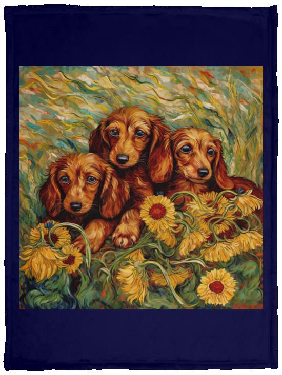 CustomCat Apparel VPS Cozy Plush Fleece Blanket - 30x40 / Black Dachshund Puppies in a Sunflower Field Blankets
