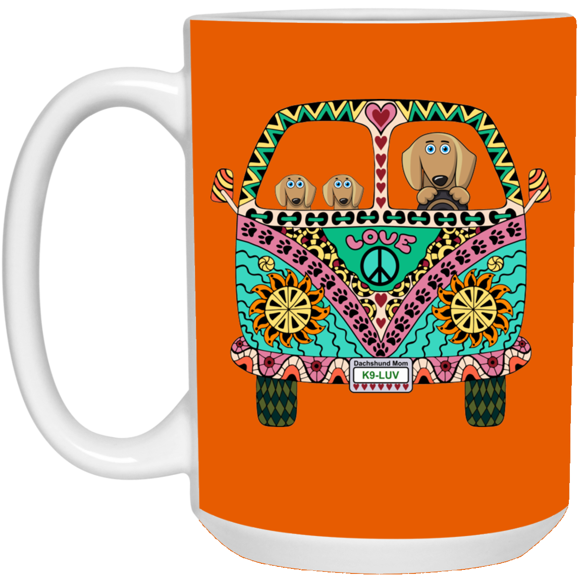 CustomCat Coffee Mug LARGE Mug 15 oz. / Burnt Orange Dachshunds Love Bus Brown Dog Mugs