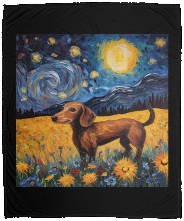 CustomCat Apparel VPM Cozy Plush Fleece Blanket - 50x60 / Black Dachshund Starry Night Flower Field Delight Blankets