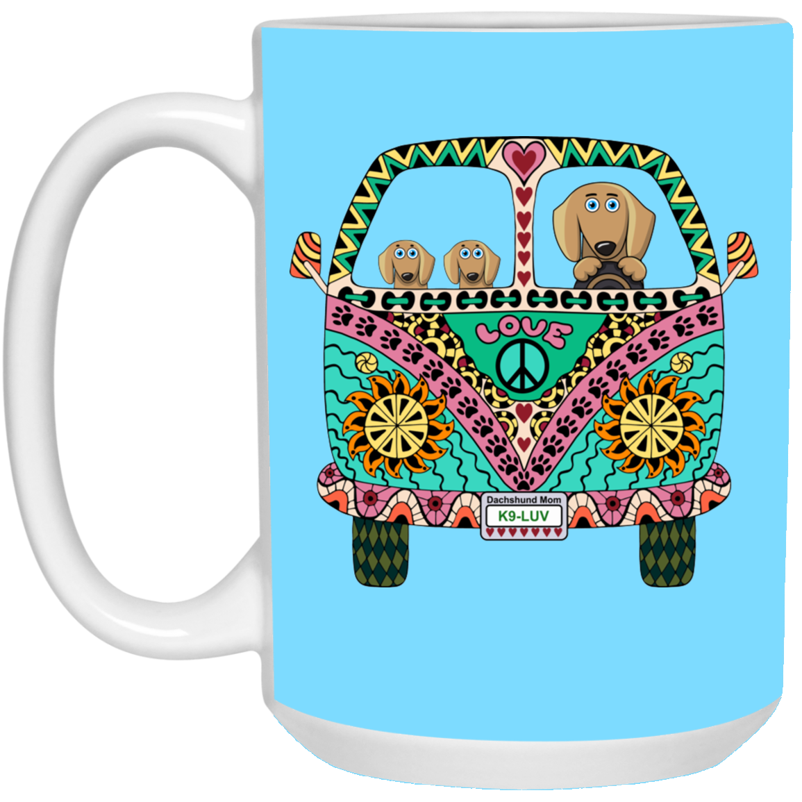 CustomCat Coffee Mug LARGE Mug 15 oz. / Columbia Blue Dachshunds Love Bus Brown Dog Mugs