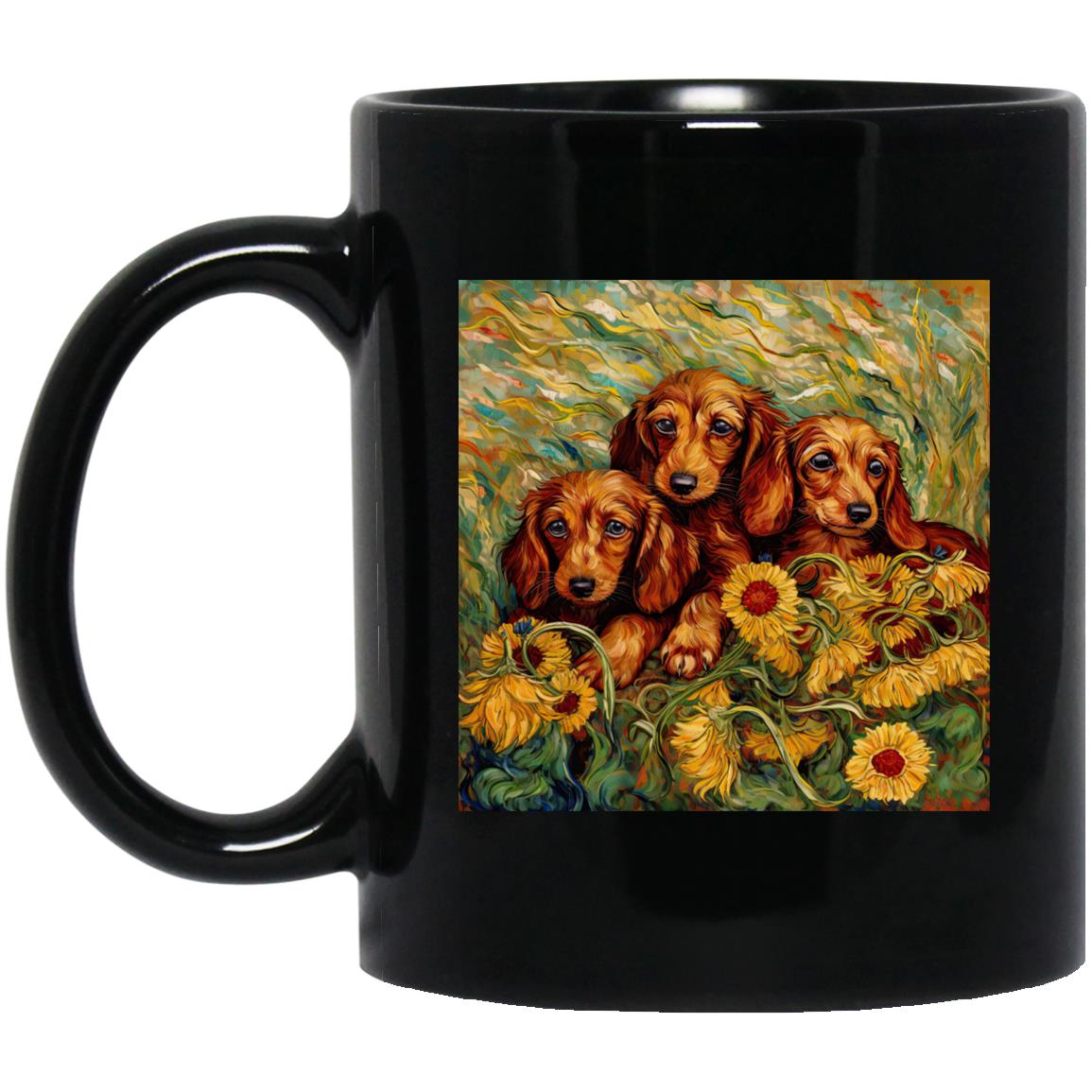 CustomCat Apparel 11 oz. Black Mug Dachshund Puppies in a Sunflower Field Mugs