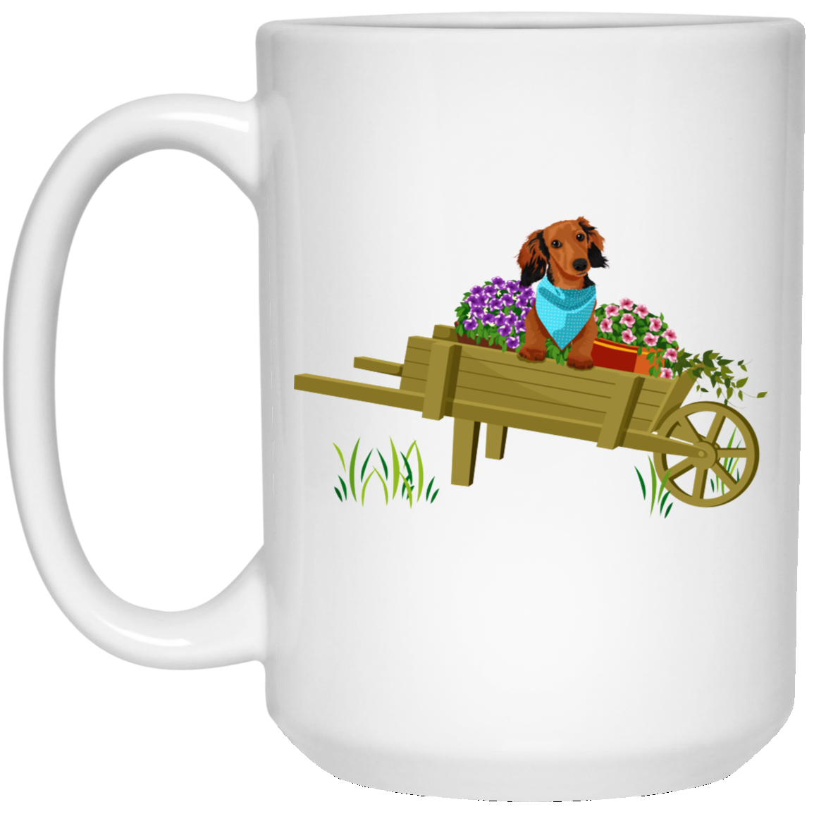 CustomCat Coffee Mug 11 oz. White Mug Dachshund Brown in Wheelbarrow Mugs