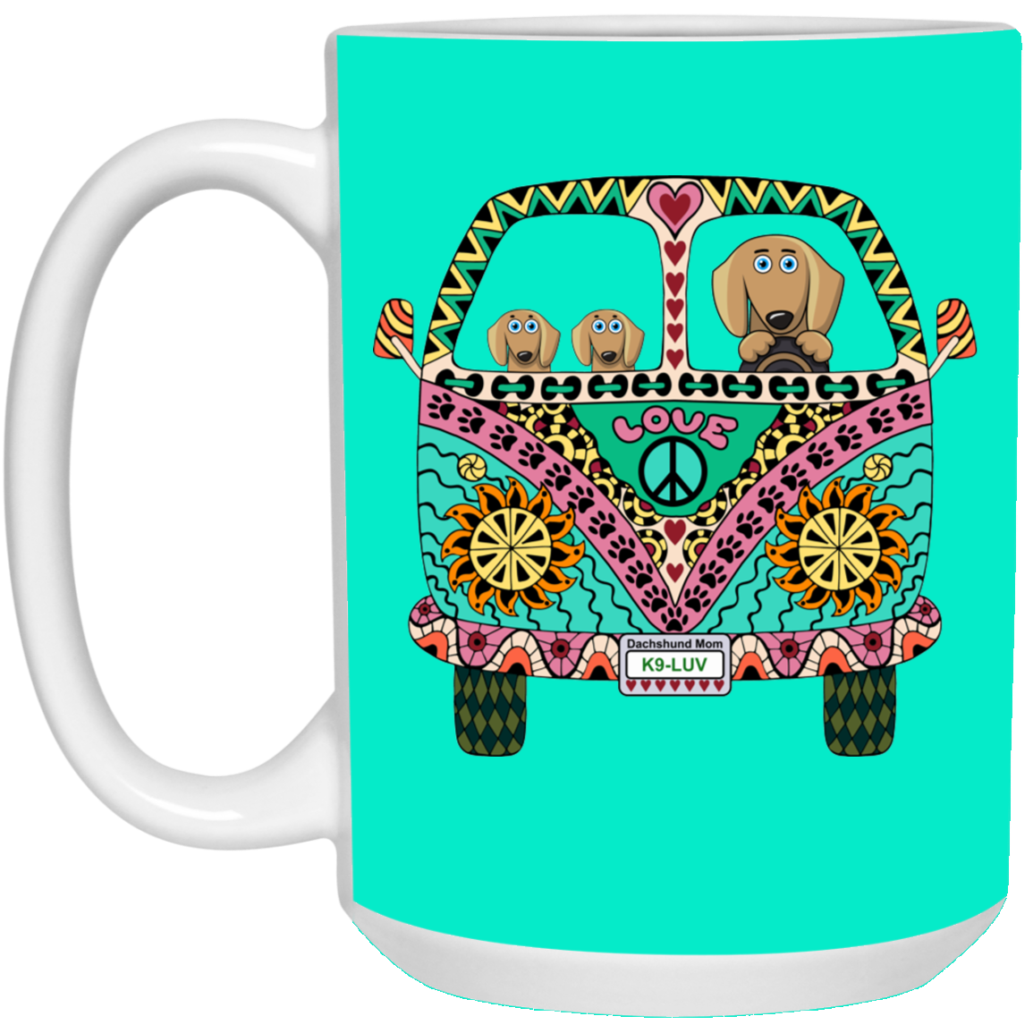CustomCat Coffee Mug LARGE Mug 15 oz. / Teal Dachshunds Love Bus Brown Dog Mugs
