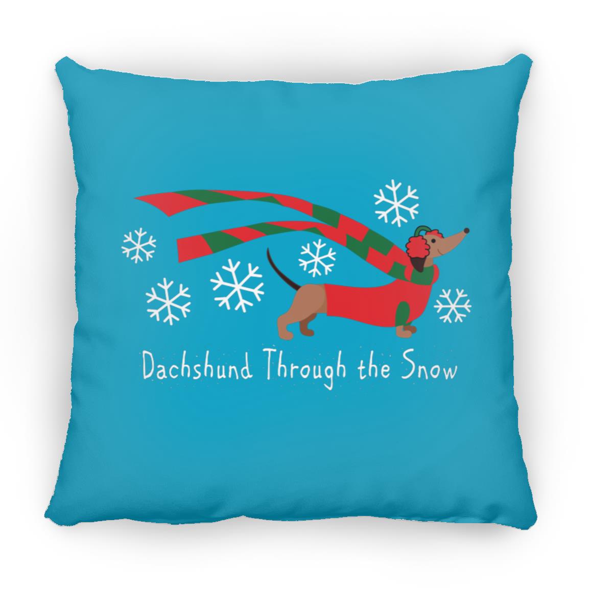 CustomCat Apparel Medium Square Pillow / Turquoise Dachshund Through The Snow Pillows
